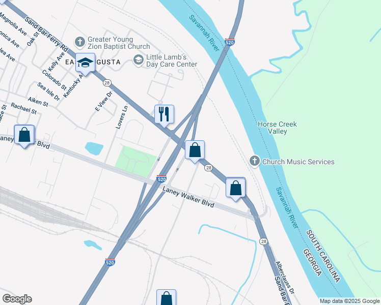 map of restaurants, bars, coffee shops, grocery stores, and more near Sand Bar Ferry Road in Augusta