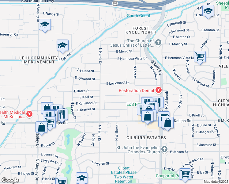map of restaurants, bars, coffee shops, grocery stores, and more near 1725 East Kael Street in Mesa