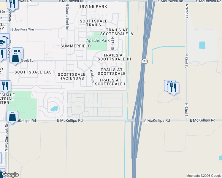 map of restaurants, bars, coffee shops, grocery stores, and more near 8683 East Fillmore Street in Scottsdale