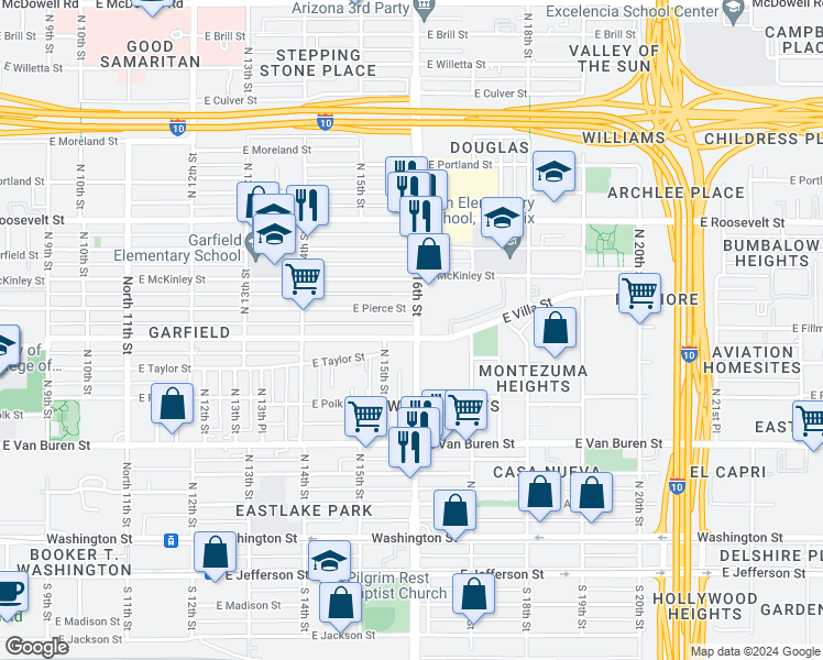map of restaurants, bars, coffee shops, grocery stores, and more near 1509 East Fillmore Street in Phoenix