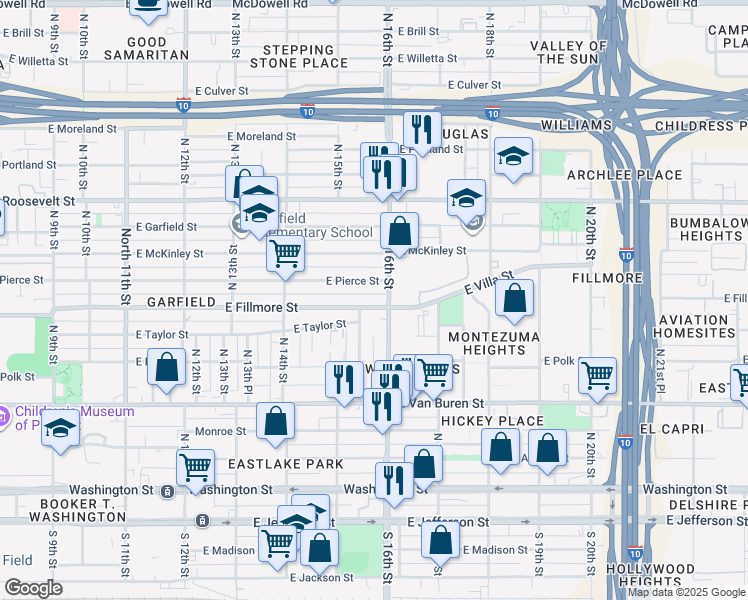 map of restaurants, bars, coffee shops, grocery stores, and more near 1509 East Fillmore Street in Phoenix