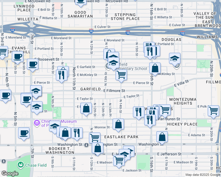map of restaurants, bars, coffee shops, grocery stores, and more near 1331 East Fillmore Street in Phoenix