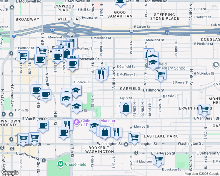 map of restaurants, bars, coffee shops, grocery stores, and more near 516 North 11th Street in Phoenix
