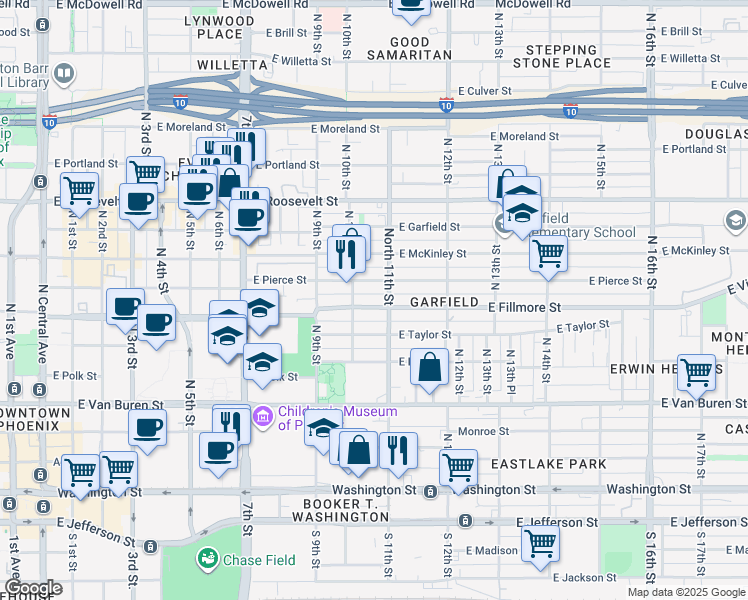 map of restaurants, bars, coffee shops, grocery stores, and more near 516 North 11th Street in Phoenix