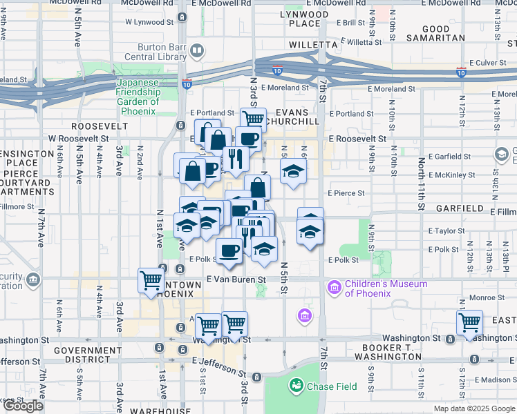 map of restaurants, bars, coffee shops, grocery stores, and more near in Phoenix