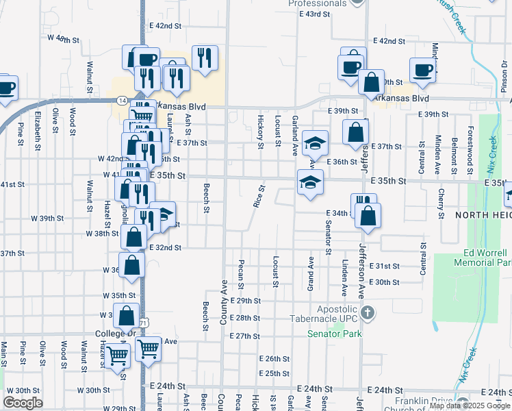 map of restaurants, bars, coffee shops, grocery stores, and more near 3307 Rice Street in Texarkana