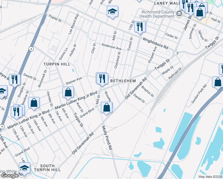 map of restaurants, bars, coffee shops, grocery stores, and more near 1157 Roselle Street in Augusta