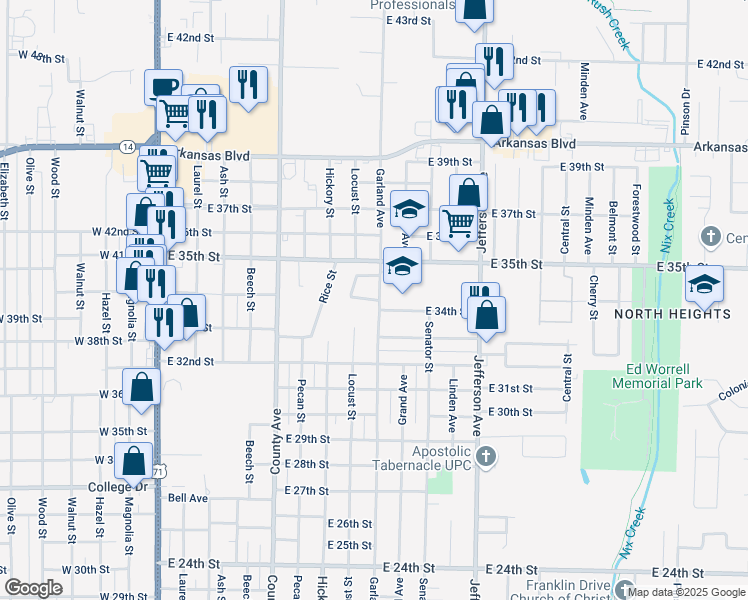 map of restaurants, bars, coffee shops, grocery stores, and more near 3428 Webster Place in Texarkana