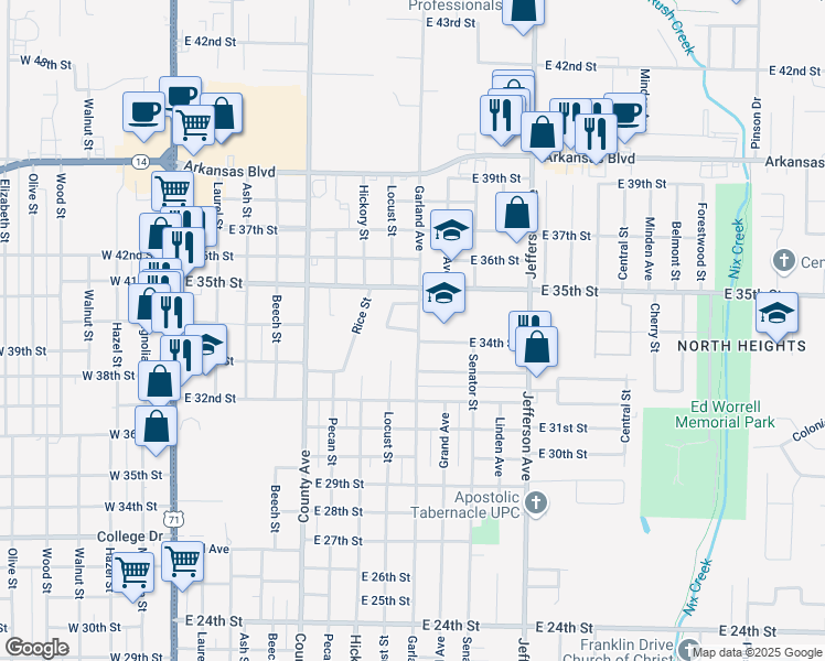 map of restaurants, bars, coffee shops, grocery stores, and more near 3426 Webster Place in Texarkana