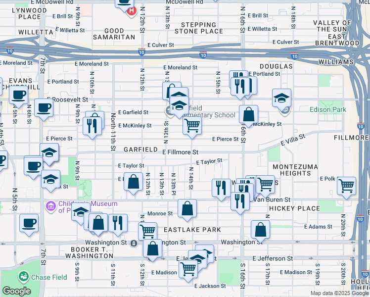 map of restaurants, bars, coffee shops, grocery stores, and more near 1331 East Fillmore Street in Phoenix