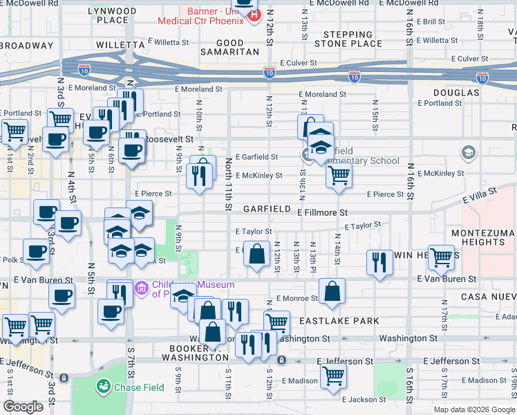 map of restaurants, bars, coffee shops, grocery stores, and more near 1142 East Fillmore Street in Phoenix