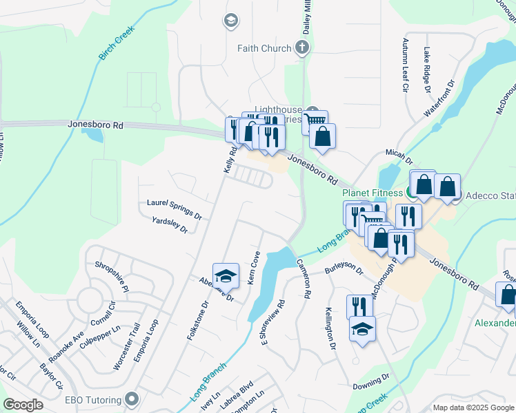 map of restaurants, bars, coffee shops, grocery stores, and more near 2010 Folkstone Drive in McDonough