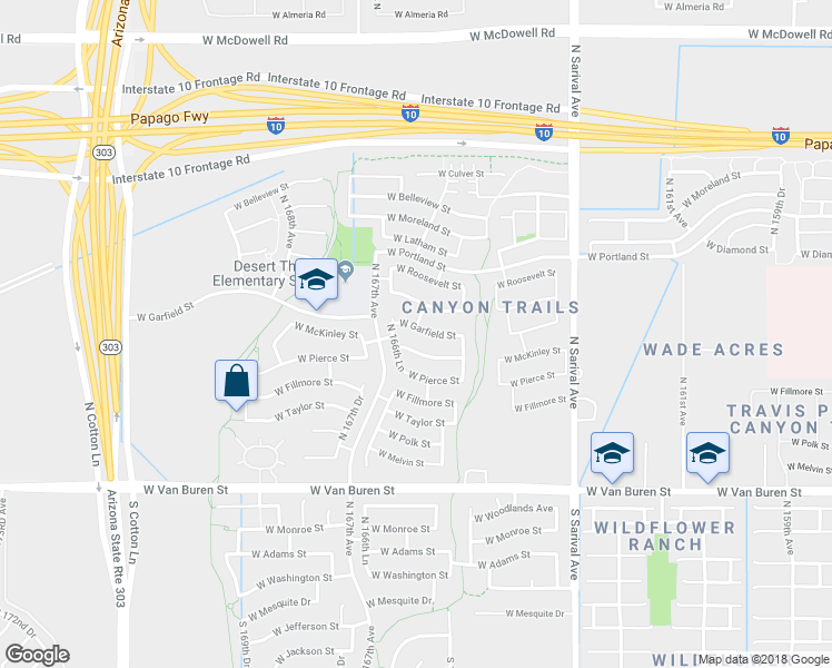 map of restaurants, bars, coffee shops, grocery stores, and more near 16597 West Garfield Street in Goodyear