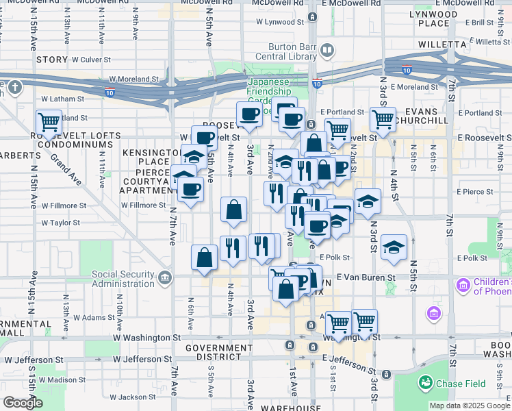 map of restaurants, bars, coffee shops, grocery stores, and more near 390 North 2nd Avenue in Phoenix