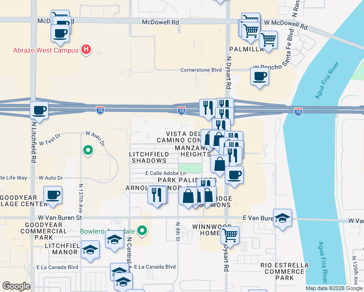 map of restaurants, bars, coffee shops, grocery stores, and more near 729 East Via Maria Street in Goodyear