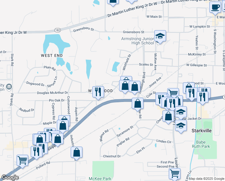 map of restaurants, bars, coffee shops, grocery stores, and more near 730 Whitfield Street in Starkville