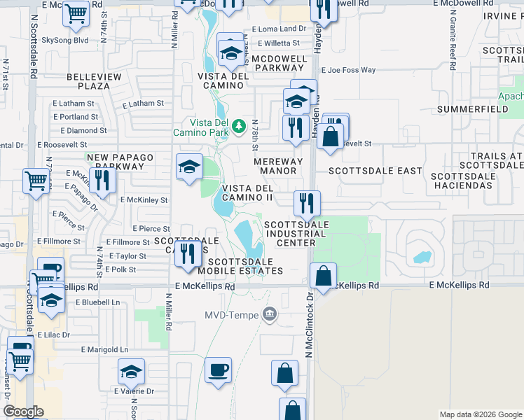 map of restaurants, bars, coffee shops, grocery stores, and more near 7600 East Pierce Street in Scottsdale