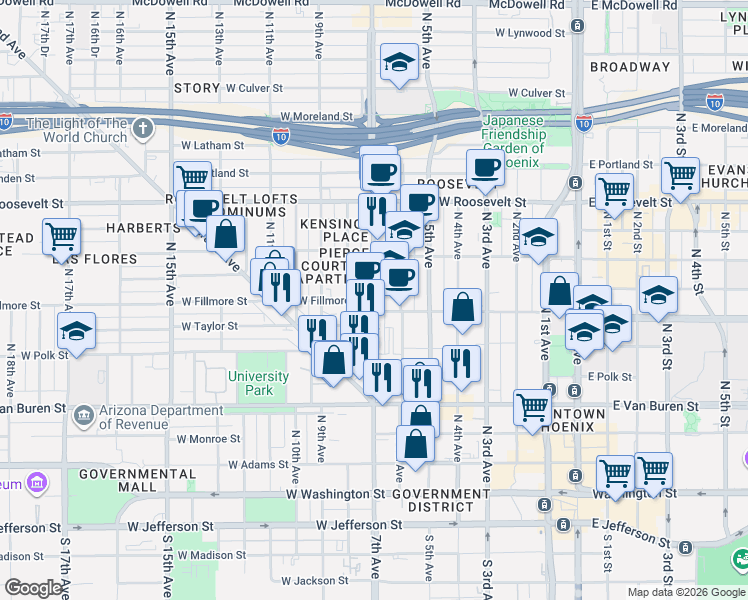 map of restaurants, bars, coffee shops, grocery stores, and more near N 7th Ave & W Fillmore St in Phoenix