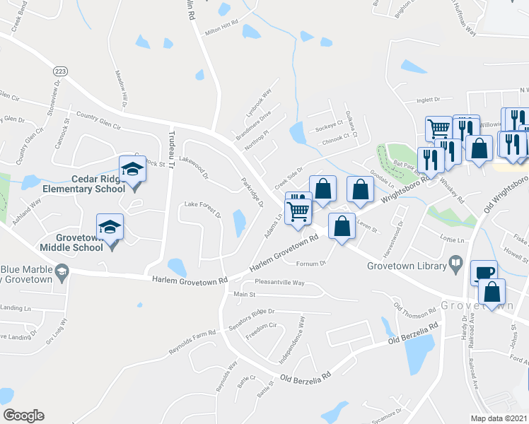 map of restaurants, bars, coffee shops, grocery stores, and more near 3032 Parkridge Drive in Grovetown