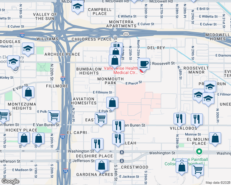 map of restaurants, bars, coffee shops, grocery stores, and more near N 24th St & E Fillmore St in Phoenix