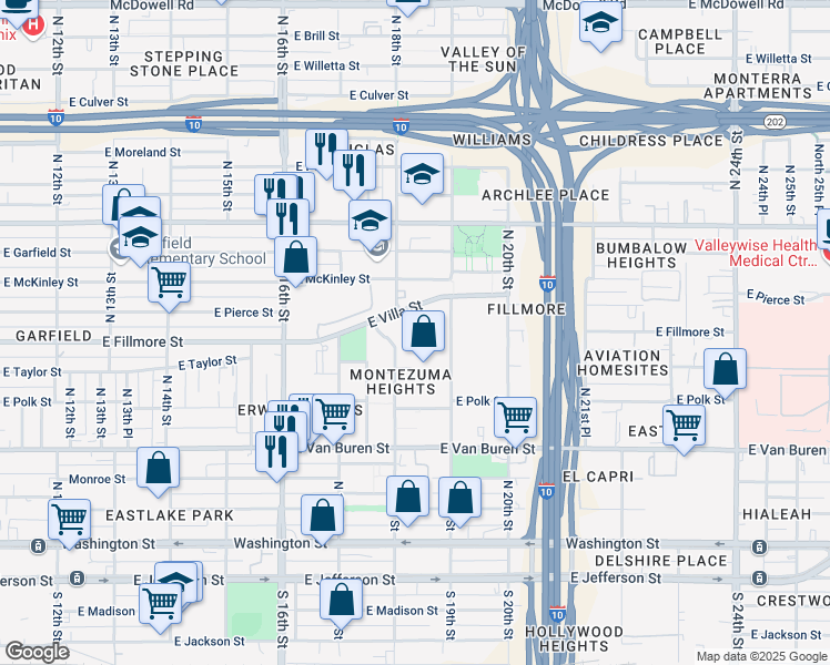 map of restaurants, bars, coffee shops, grocery stores, and more near 525 North 18th Street in Phoenix