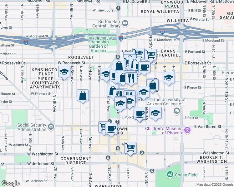 map of restaurants, bars, coffee shops, grocery stores, and more near 618 North Central Avenue in Phoenix