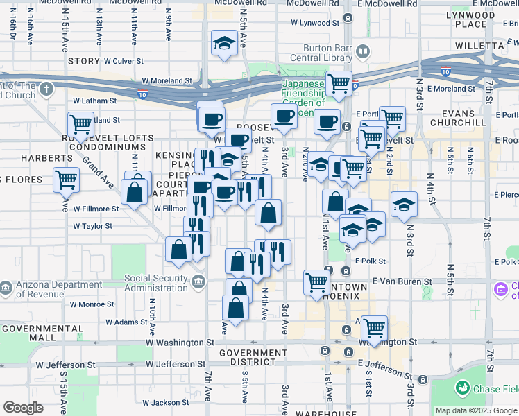 map of restaurants, bars, coffee shops, grocery stores, and more near 378 North 5th Avenue in Phoenix