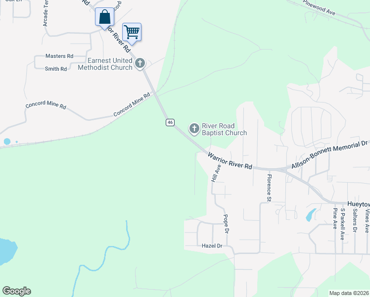 map of restaurants, bars, coffee shops, grocery stores, and more near 3355 Warrior River Road in Bessemer