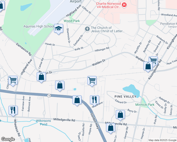 map of restaurants, bars, coffee shops, grocery stores, and more near 2402 Walden Drive in Augusta