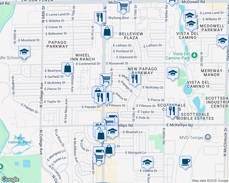 map of restaurants, bars, coffee shops, grocery stores, and more near 602 North 72nd Place in Scottsdale