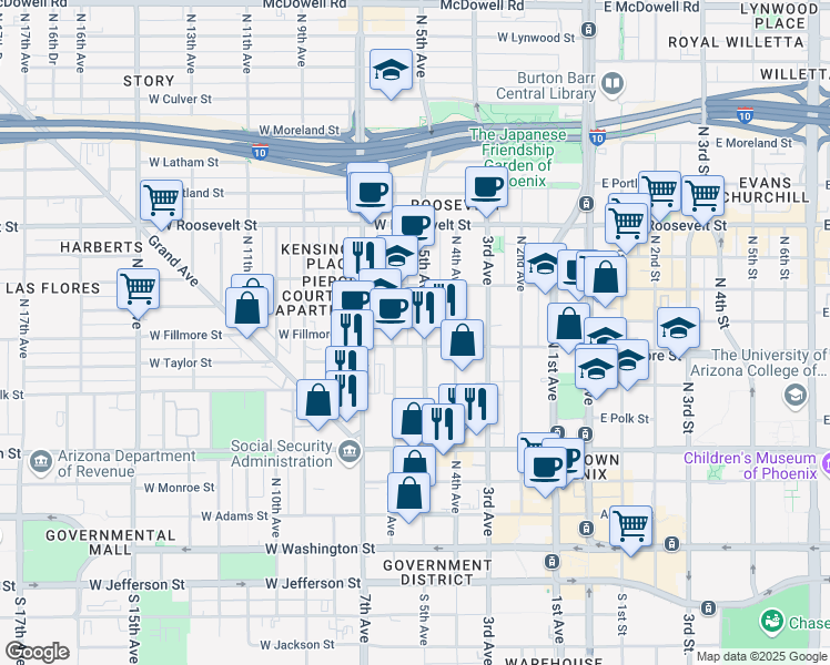 map of restaurants, bars, coffee shops, grocery stores, and more near 610 North 5th Avenue in Phoenix