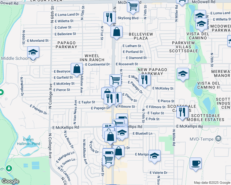 map of restaurants, bars, coffee shops, grocery stores, and more near 602 North 72nd Place in Scottsdale