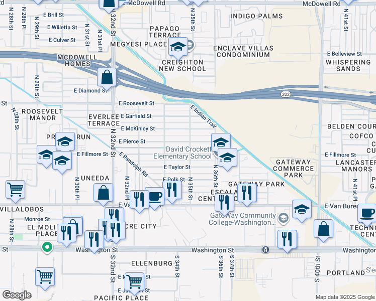 map of restaurants, bars, coffee shops, grocery stores, and more near 3445 East Fillmore Street in Phoenix