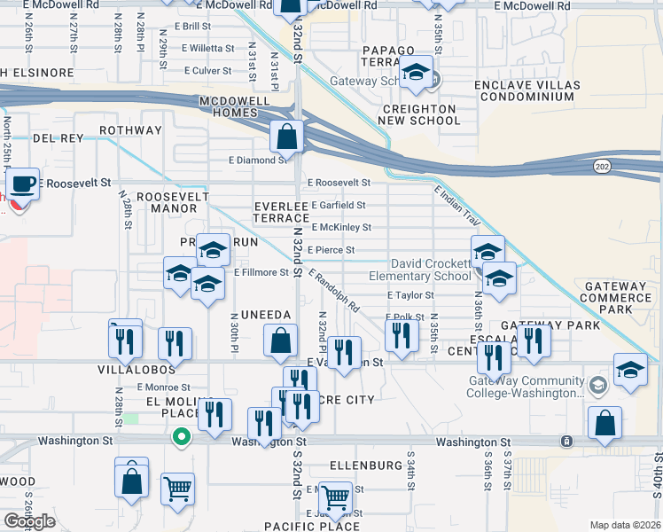 map of restaurants, bars, coffee shops, grocery stores, and more near 3243 East Fillmore Street in Phoenix