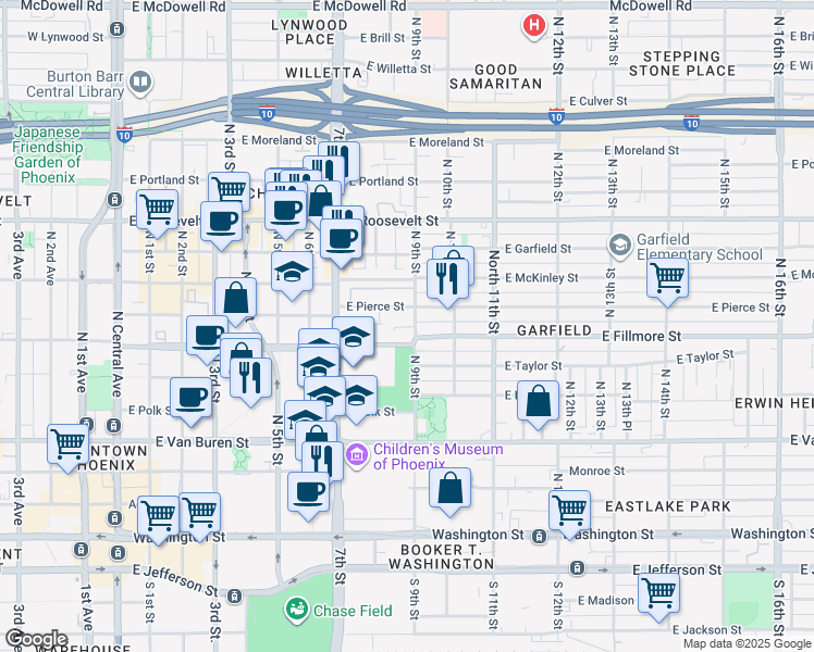 map of restaurants, bars, coffee shops, grocery stores, and more near 517 North 9th Street in Phoenix
