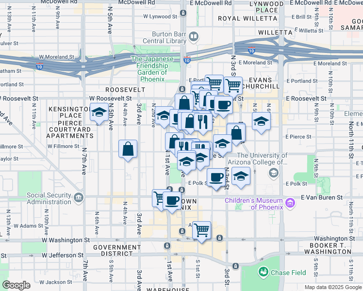 map of restaurants, bars, coffee shops, grocery stores, and more near 555 North Central Avenue in Phoenix