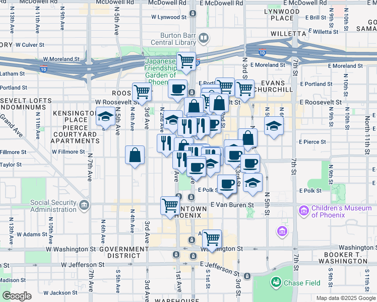 map of restaurants, bars, coffee shops, grocery stores, and more near 555 North Central Avenue in Phoenix
