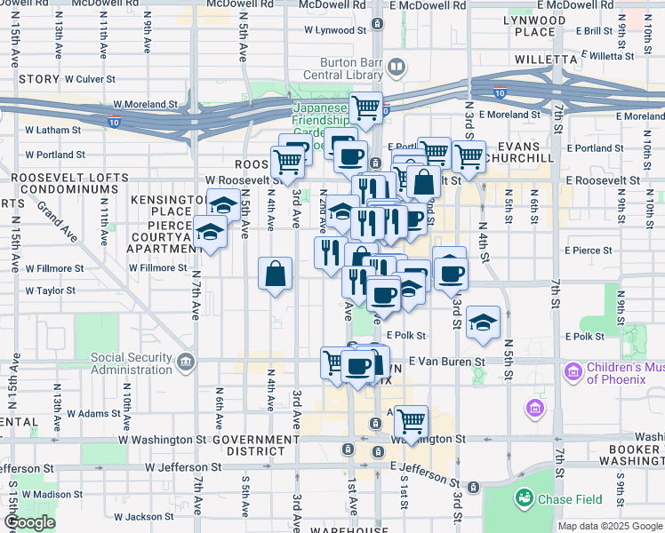 map of restaurants, bars, coffee shops, grocery stores, and more near 11142 North 1st Avenue in Phoenix