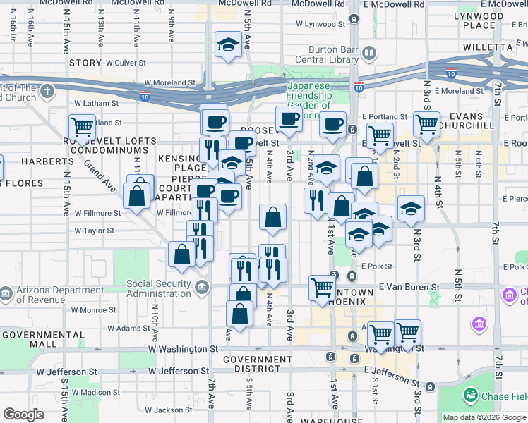map of restaurants, bars, coffee shops, grocery stores, and more near 378 North 5th Avenue in Phoenix