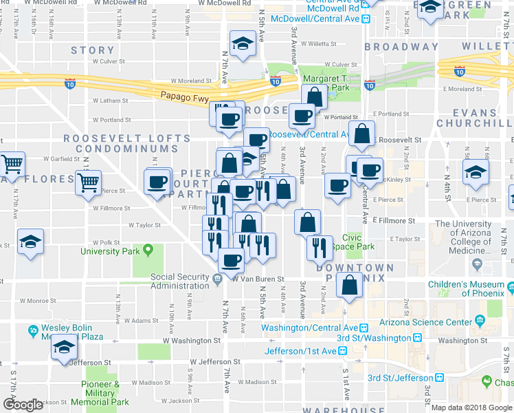 map of restaurants, bars, coffee shops, grocery stores, and more near 378 North 5th Avenue in Phoenix