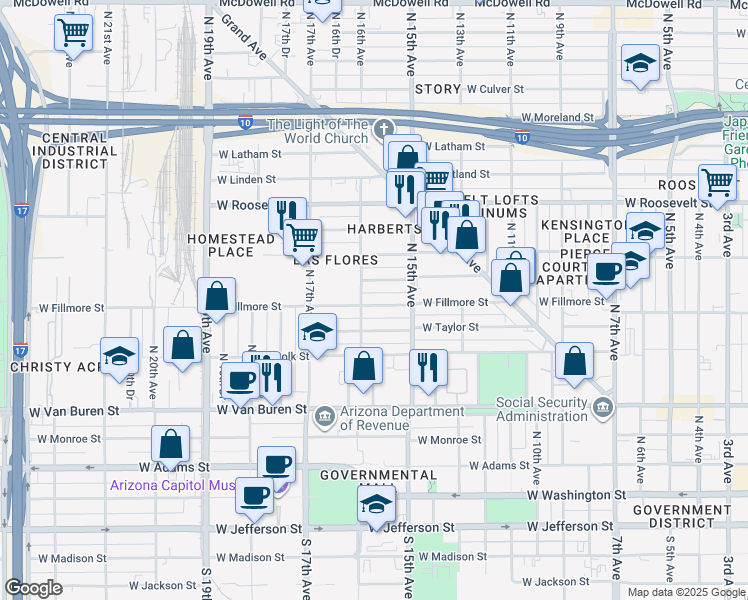 map of restaurants, bars, coffee shops, grocery stores, and more near 505 North 16th Avenue in Phoenix