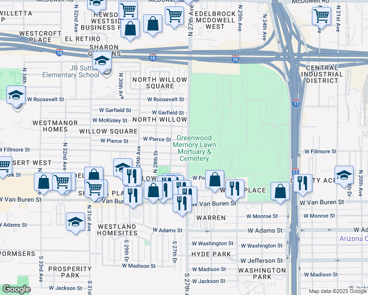 map of restaurants, bars, coffee shops, grocery stores, and more near 551 North 27th Avenue in Phoenix