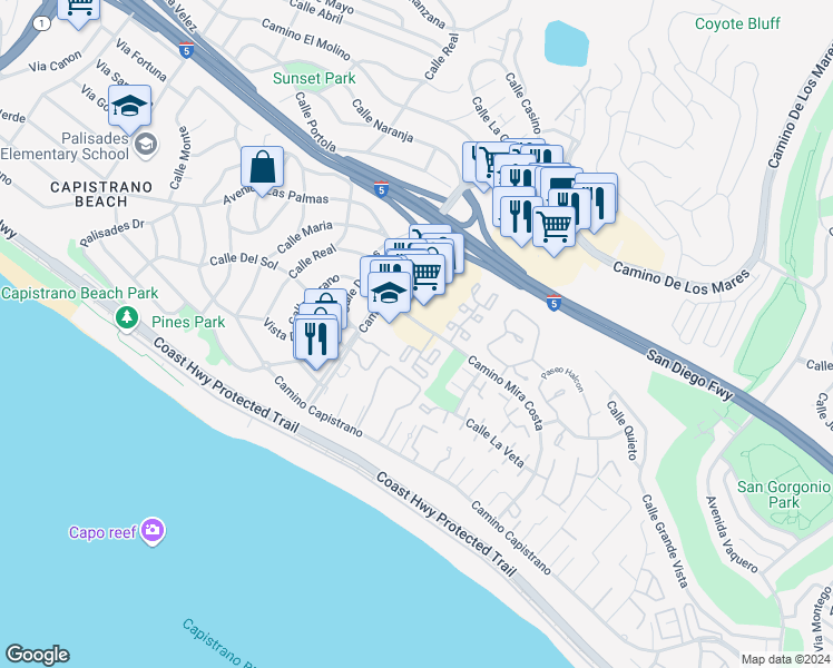 map of restaurants, bars, coffee shops, grocery stores, and more near 351 Plaza Estival in San Clemente