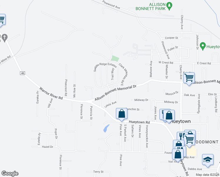 map of restaurants, bars, coffee shops, grocery stores, and more near 3284 Allison-Bonnett Memorial Drive in Hueytown