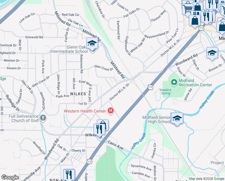 map of restaurants, bars, coffee shops, grocery stores, and more near 802 Woodward Road in Birmingham