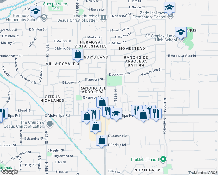 map of restaurants, bars, coffee shops, grocery stores, and more near 2128 North 28th Place in Mesa