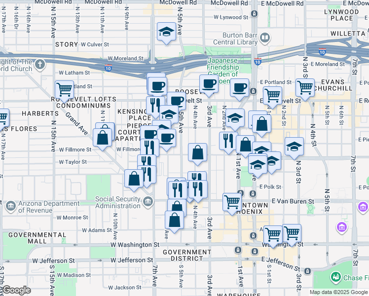 map of restaurants, bars, coffee shops, grocery stores, and more near 378 North 5th Avenue in Phoenix