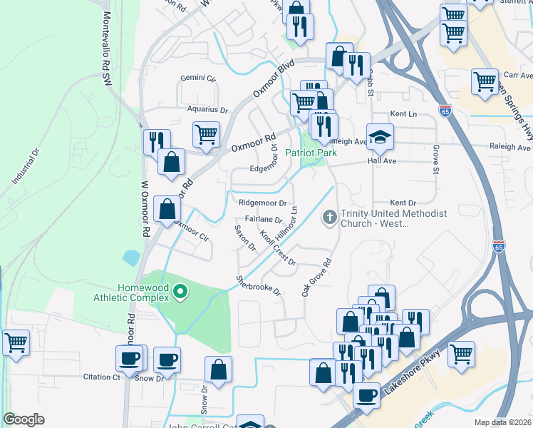 map of restaurants, bars, coffee shops, grocery stores, and more near 220 Hillmoor Lane in Birmingham