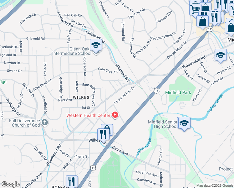 map of restaurants, bars, coffee shops, grocery stores, and more near 808 Woodward Road in Birmingham