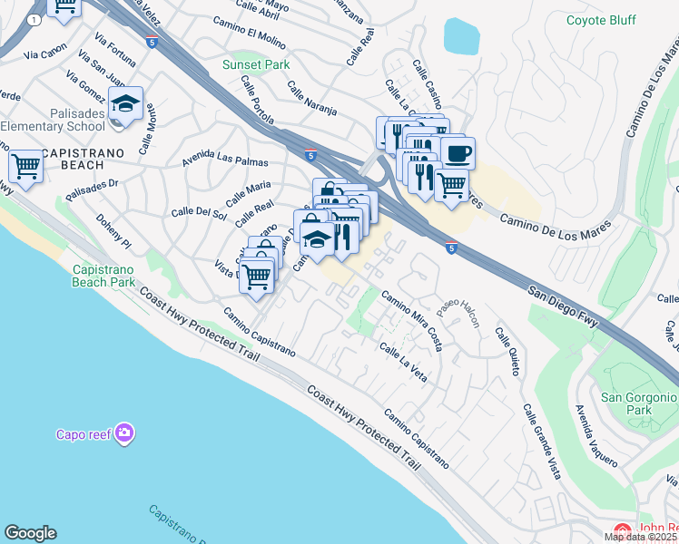 map of restaurants, bars, coffee shops, grocery stores, and more near 3551 Camino Mira Costa in San Clemente